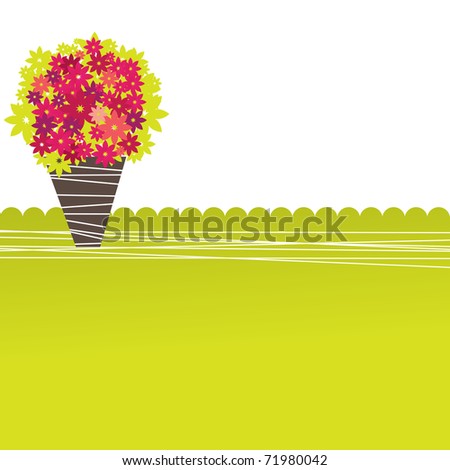 Abstract background with green tree and flowers. Vector illustration
