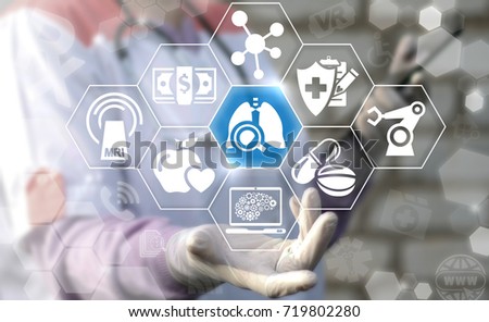 Doctor offers lungs organ magnifying glass icon on a virtual screen. Lung Disease Diagnostics and Treatment Medicine concept.