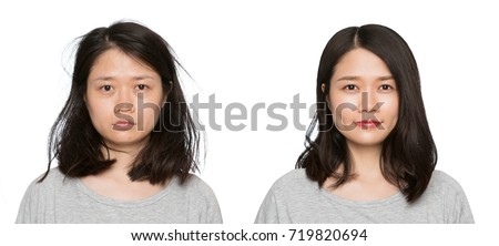  Real result without retouching. Brunette woman before and after makeup.Set of two pictures of the same woman