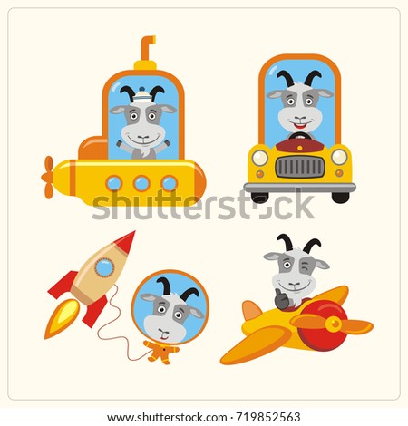 Set of isolated goat in various transport: airplane, submarine, car, space rocket.