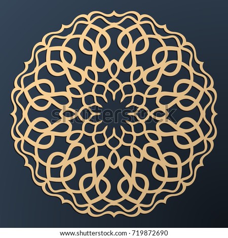 Laser cutting mandala. Golden floral pattern. Oriental silhouette ornament. Vector coaster design. Royalty-Free Stock Photo #719872690