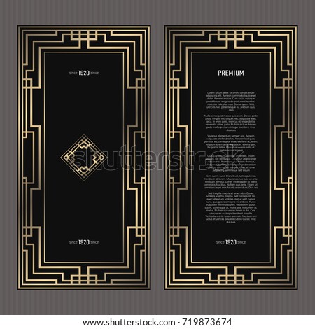 Vector card. Art Deco style. Dark golden geometric frame on black background. Luxury menu concept with logo. Royalty-Free Stock Photo #719873674