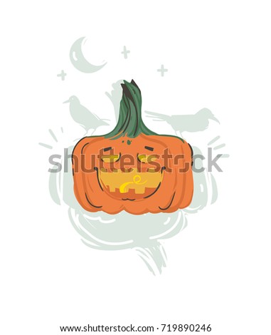 Hand drawn vector abstract cartoon Happy Halloween illustration with pumpkin lantern monster isolated on white background