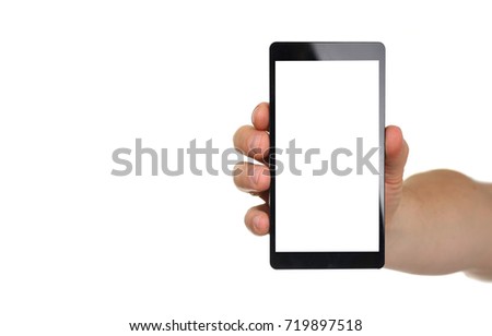 Male hand hoding smartphone isolated on white background.  You can insert an image image of your text for the concept or project development of mobile applications and their advertising mobile devices
