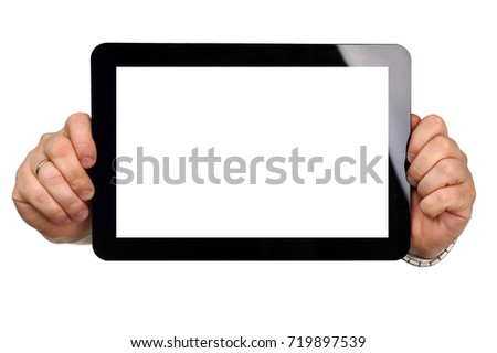 Man hoding black tablet frame in hand isolated on white closeup. Can insert an image image your text for the concept or project development of mobile applications, their advertising for mobile devices