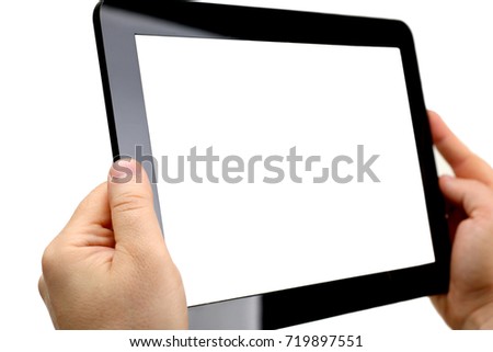 Man hoding black tablet frame in hand isolated on white closeup. Can insert an image image your text for the concept or project development of mobile applications, their advertising for mobile devices
