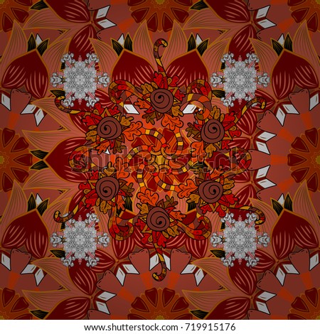 Flowers on orange, red and brown colors. Hand painted watercolor allover seamless flowers and plants.