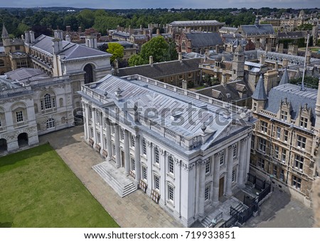 Elevated view of the old school building, Senate House at the university of Cambridge
