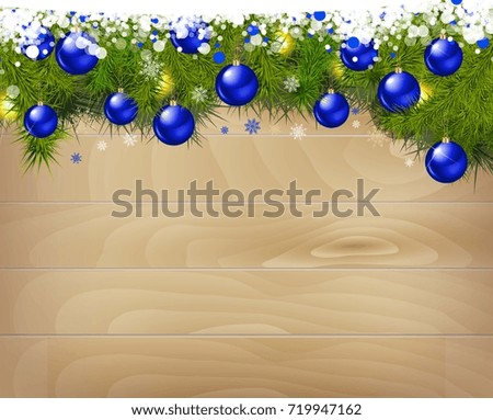 New year background. Christmas balls and spruce branches on wooden background. Vector illustration.