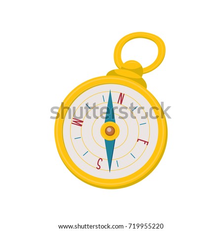 Golden retro style navigational compass with north, south, east, west indications, cartoon vector illustration isolated on white background. Cartoon style navigational compass in golden case