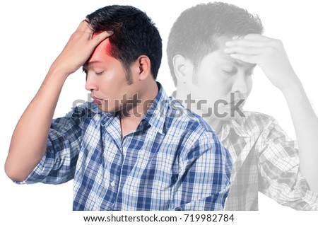 young man holding her head in pain. photo with red as a symbol for the hardening. isolated on white background.