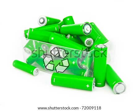 Green batteries with recycling symbol in box on white