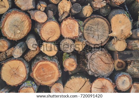 Natural wooden background - closeup of chopped firewood. Firewood stacked and prepared for winter. A pile of stacked firewood, prepared for heating the house.