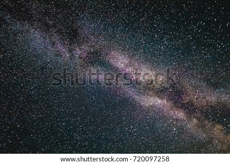motion blurred milky way galaxy in the universe, space background. Long exposure image with soft focus and grain