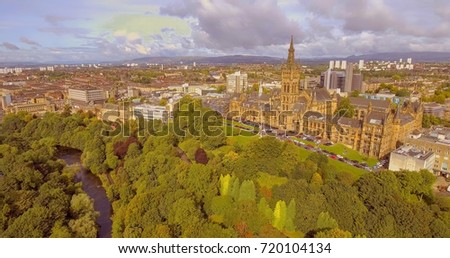 Aerial shot of Glasgow University Tower. 