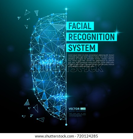 Biometric identification or Facial recognition system concept. Vector illustration of human face consisting of polygons, points and lines with place for your text isolated on dark blue background Royalty-Free Stock Photo #720124285