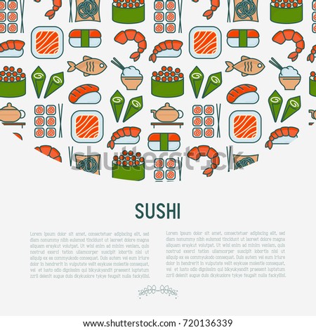 Japanese food concept with thin line icons of sushi, noodles, tea, rolls, shrimp, fish, sake. Vector illustration for banner, web page or print media. 