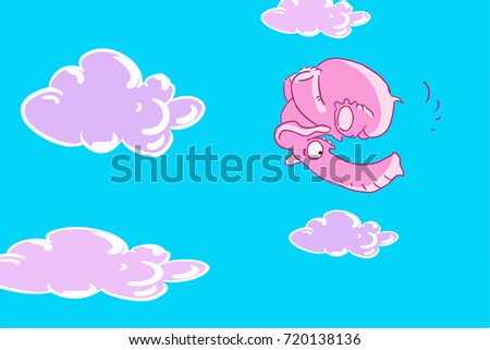 Funny cartoon pink elephant flies in the blue sky with light violet clouds, color sketch