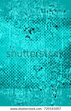 Color grunge turquoise background. Halftone elements. Texture of spots, stains, ink, dots, scratches. Vintage damaged cyan design backdrop. Abstract aged green wall