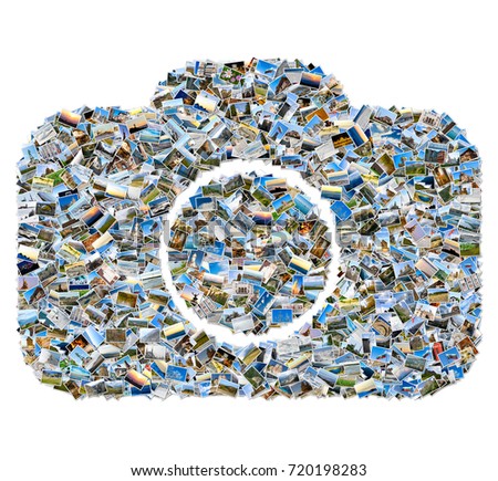 Collage of travel photos - mosaic photo camera or DSLR isolated on white background