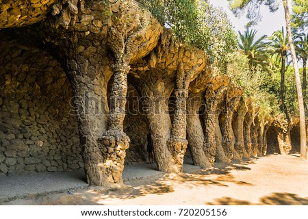 Colonnaded footpath in Parc Guell. Barcelona, Spain.