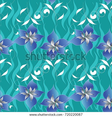 Floral elegance seamless pattern. Vector turquoise striped flowers background. Floral wallpaper. Vintage hand drawn blue flowers, swirl white leaves, wave vertical stripes and modern floral ornaments.