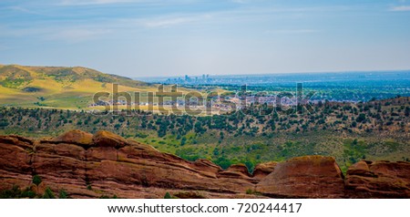 The Denver skyline as seen from the Red Rocks amphitheater.