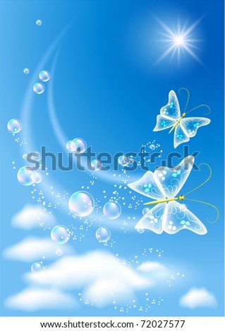 Sky, clouds, bubbles  and  butterfly. Symbol of ecology clean air