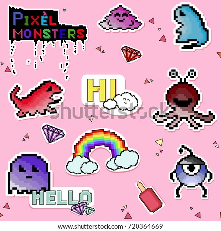 Set of pixel stickers, patches dinosaurs. .Ideal for children room decoration, wrapping, cards, baby shower, banners, backgrounds. Colorful 8-bit set. 