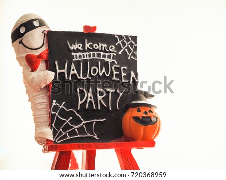 Welcome halloween party black sign with white ghost and orange pumpkin whit black hat isolated on white background