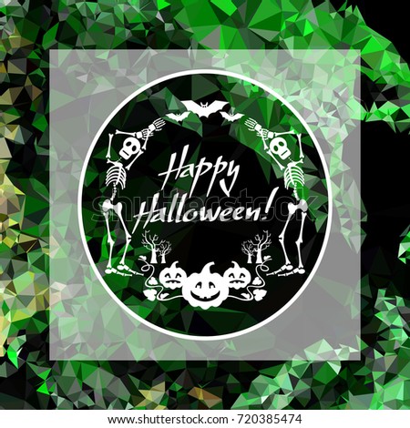 Mosaic backdrop with bats, skeletons and artistic written text:"Happy Halloween!". Holiday background for greetings cards, banners, layouts. Raster clip art.