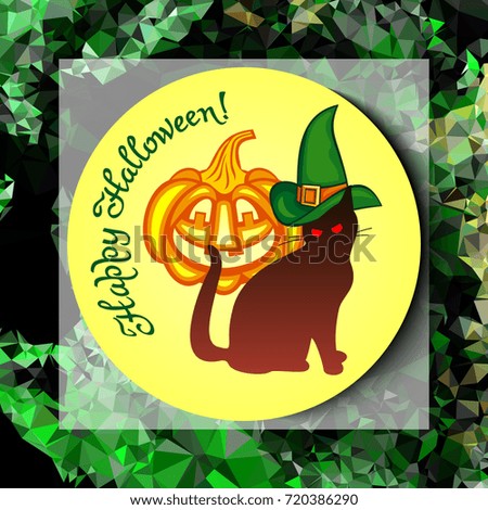 Mosaic backdrop with black cat in witch hat, pumpkin and hand drawn text "Happy Halloween!". Holiday halloween background for greetings cards, banners, layouts. Raster clip art.