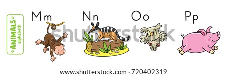 Children vector illustration of funny monkey, numbat, owl and panda. Animals zoo alphabet or ABC.