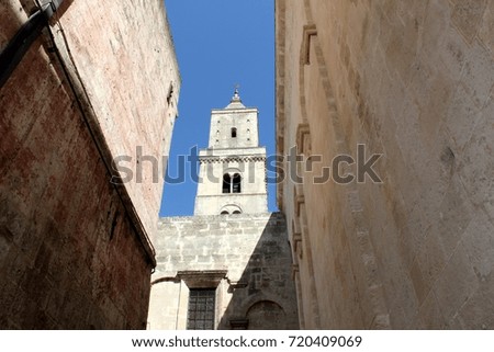 Italy, Basilicata, Matera: Detail bell tower of Cathedral.