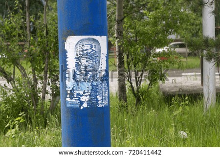 Texture peeled poster, leaflet pasted on a blue pillar among green grass and trees. Political propaganda, politics