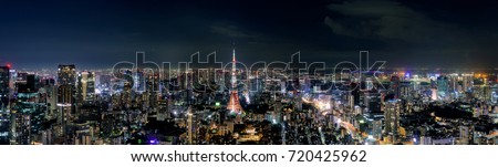 Wide panorama of Tokyo cityscape at dusk with Tokyo tower