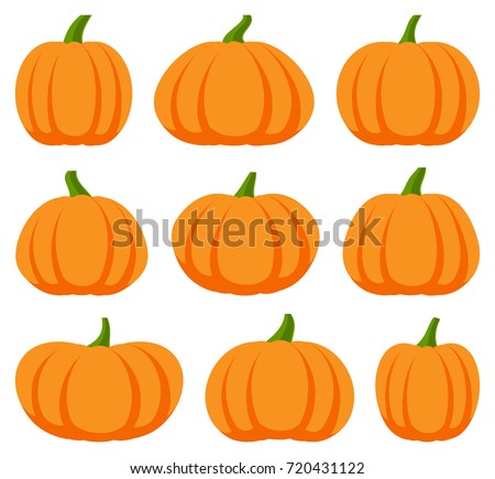 Cartoon halloween pumpkin set. Different shapes and sizes orange gourd isolated on white background. Vector illustration Royalty-Free Stock Photo #720431122