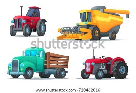 Set of agricultural transport. Farm equipment, tractors, truck and harvester. Industrial vehicles. Cartoon design vector illustration of rural machinery. Royalty-Free Stock Photo #720462016