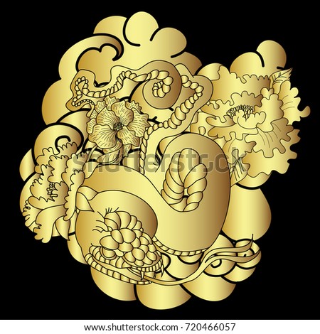 Golden snake tattoo.Hand drawn snake with peony blossom and cloud vector.Traditional Japanese culture for printing on background.