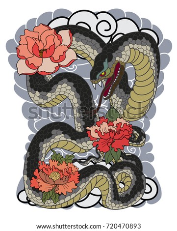 colorful Snakes and flowers. Tattoo design. Hand drawn snake vector illustration.Traditional Japanese culture for printing on background.