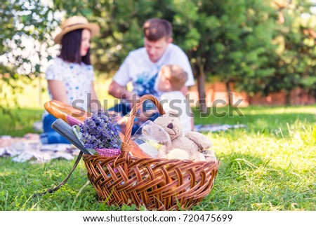 picnic basket with food on the green grass. Happy young family in the background