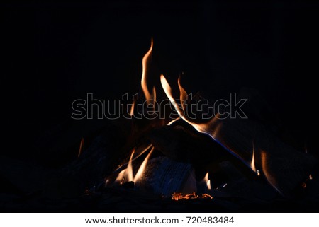 Burning fire on a black background. Fireplace flame. Warm concept. Dark fire. 