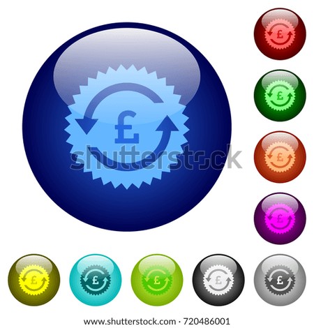 Pound pay back guarantee sticker icons on round color glass buttons