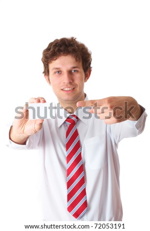 young businessman point to his businesscard, isolated on white background