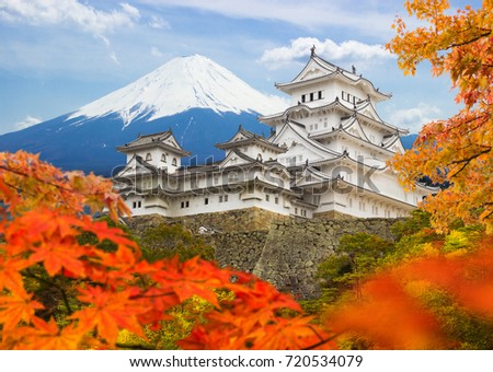 Himeji castle and maple autumn leaves with Fuji mountain background, One of Japan's premier historic castles, Japan