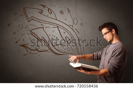 Casual young man holding book with brown arrows and stars flying out of it