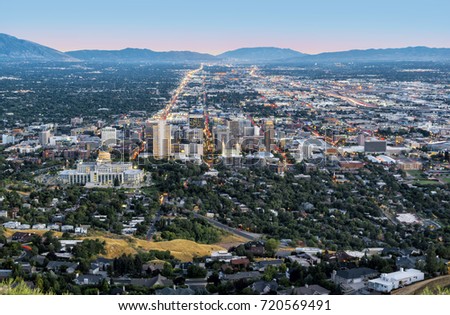 Salt Lake City downtown landmarks illuminated dusk panorama Utah USA aerial view