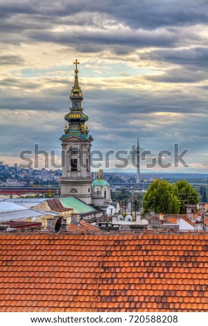 Tower of the Saborna Church, the dome of the Patrijarsija and the roofs of old Belgrade. HDR image.