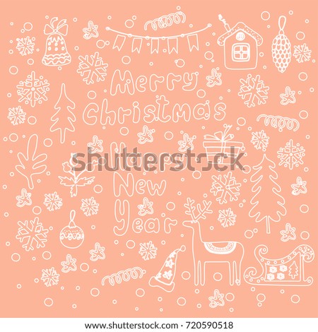 Cute christmas card with xmas symbols. Great for greeting card, invitations, postcards. Hand drawn vector illustration in doodle style.