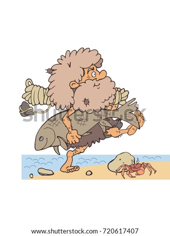 Homo habilis. Primitive man after a successful fishing.